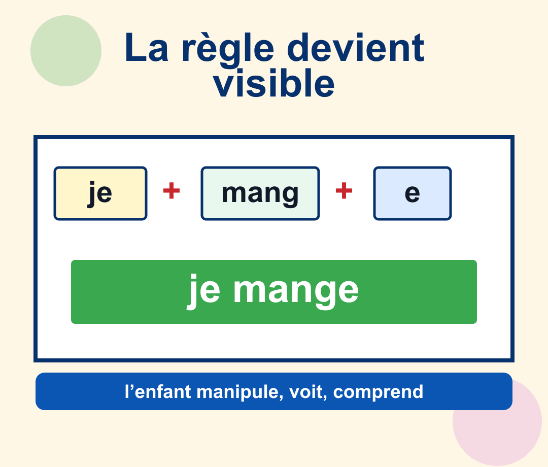 Exemple visuel : je + mang + e &eacute;gale je mange